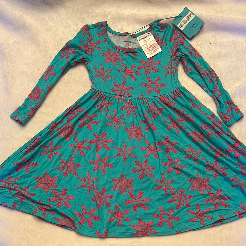 Posh Peanut 2T NWT Signature Teal with Pink Snowflakes LS Twirl Dress
